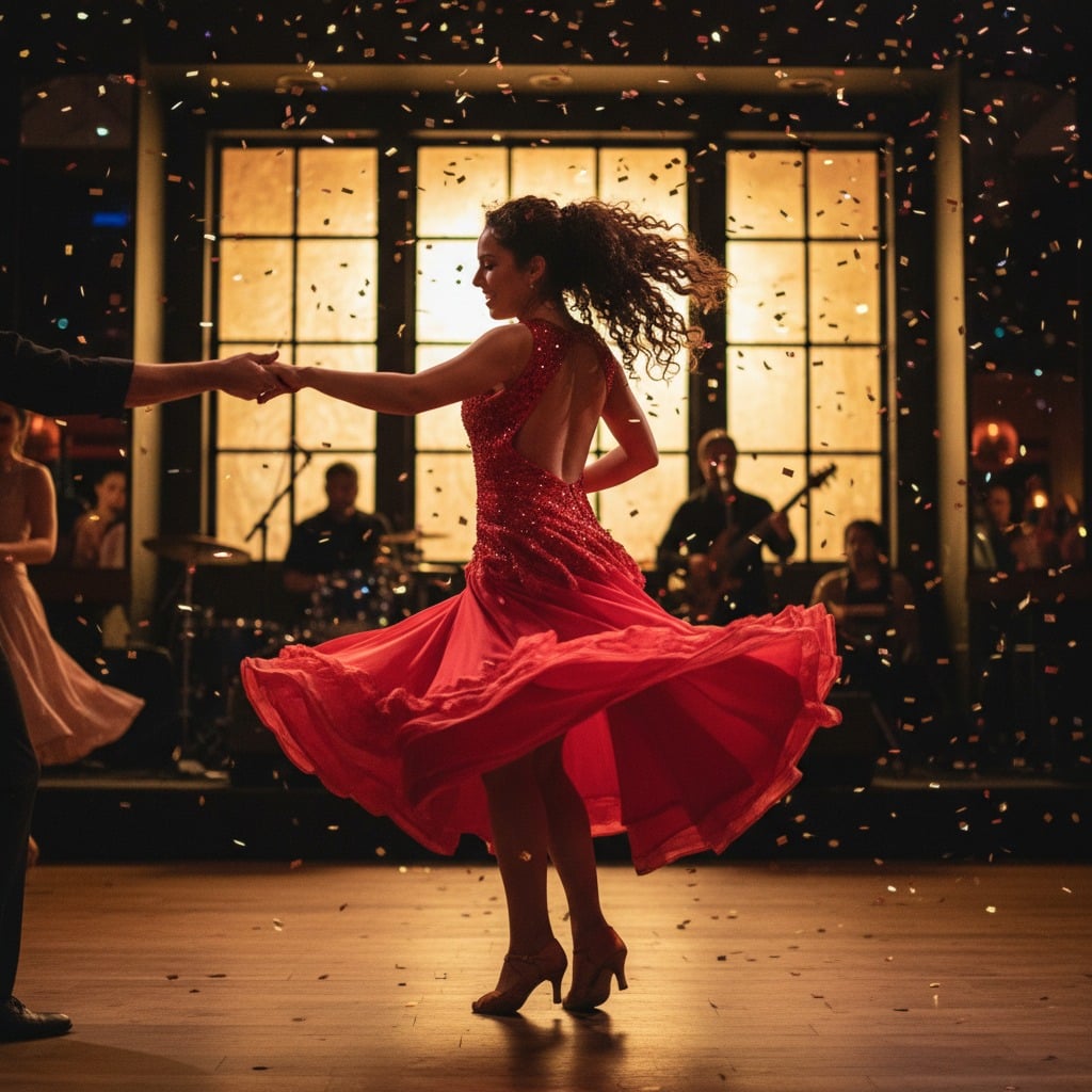 A dancer in a sparkling red dress twirls on a wooden dance floor as confetti falls around her.